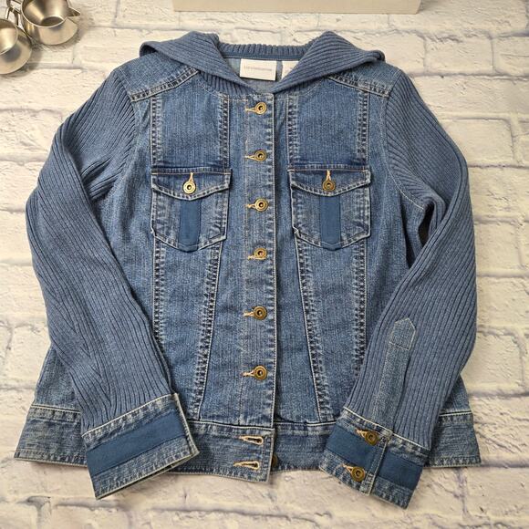 Liz Claiborne Denim Jean Jacket Knit Sleeves Shawl Collar Pocket Cuff Trim sz 14 - Picture 3 of 16